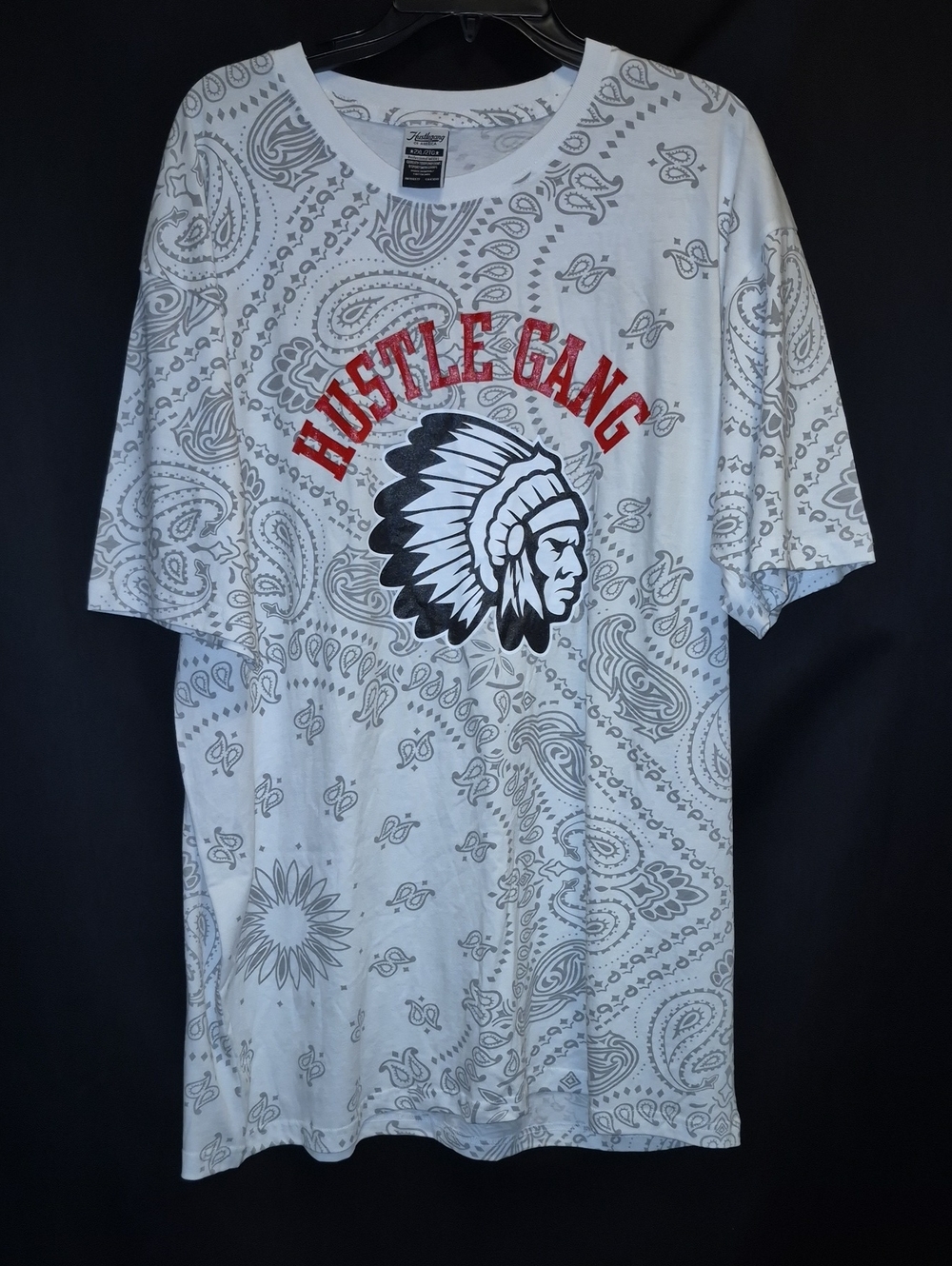 Hustle Gang White Tee with Red Logo and Black Native Head 2XL